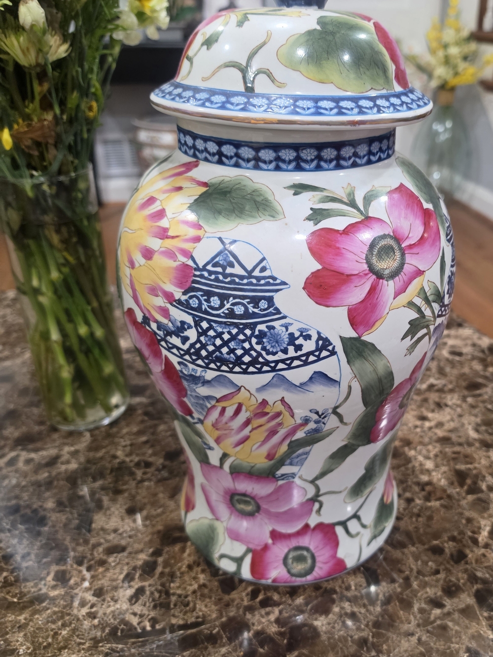 Floral Porcelain Oriental Vase and Green Vintage Vase By Accents